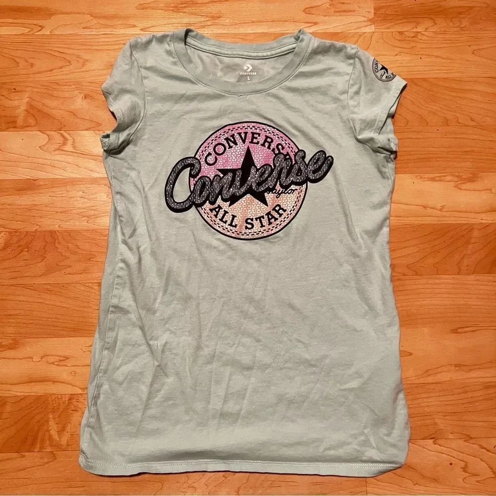 Converse All Star Blue Glitter Graphic Tee Shirt Girls Large